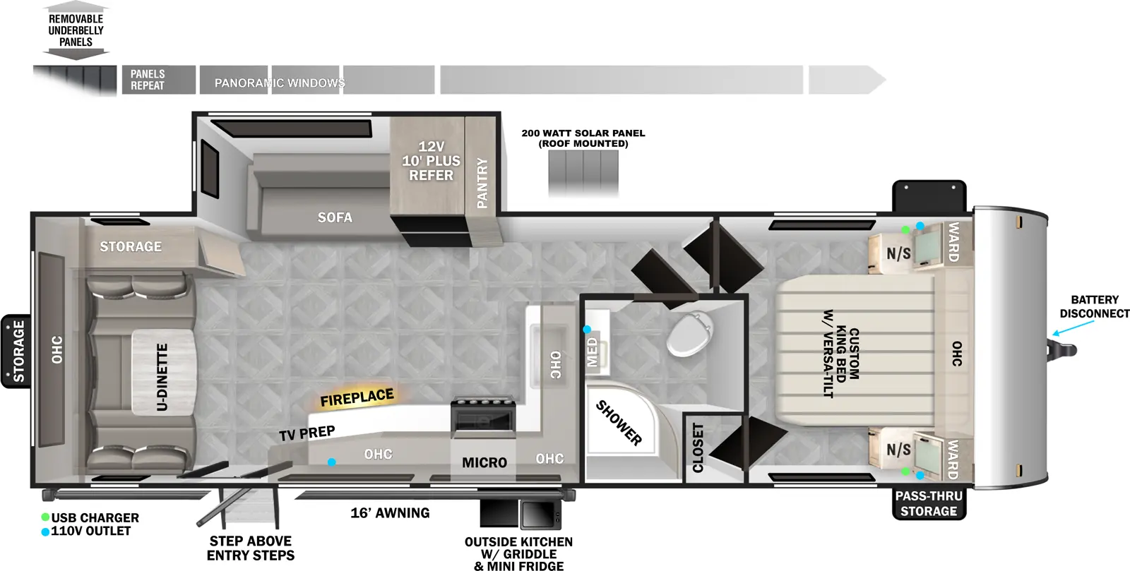 The T25RD has one slideout and one entry. Exterior features battery disconnect, pass-thru storage, outside kitchen with griddle and mini refrigerator, 16 foot awning, StepAbove entry steps, rear storage, removable underbelly panels, and 200 watt roof-mounted solar panels. Interior layout front to back: foot-facing queen bed with overhead cabinet, wardrobe with nightstands on each side, and door side closet; door side full bathroom with medicine cabinet; off-door side slideout with pantry, refrigerator, and sofa; kitchen counter with sink and overhead cabinet wraps from inner wall to door side with microwave, cooktop, fireplace, TV prep in overhead cabinet, and entry; rear u-dinette with overhead cabinet and off-door side storage.